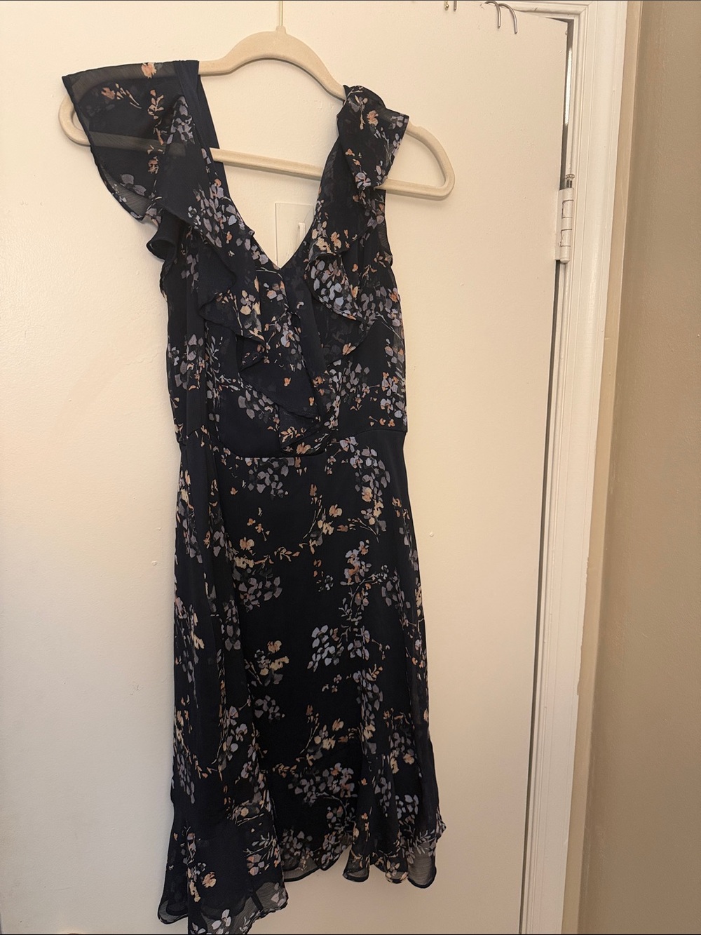 DKNY black/purple/peach flutter dress size 6
